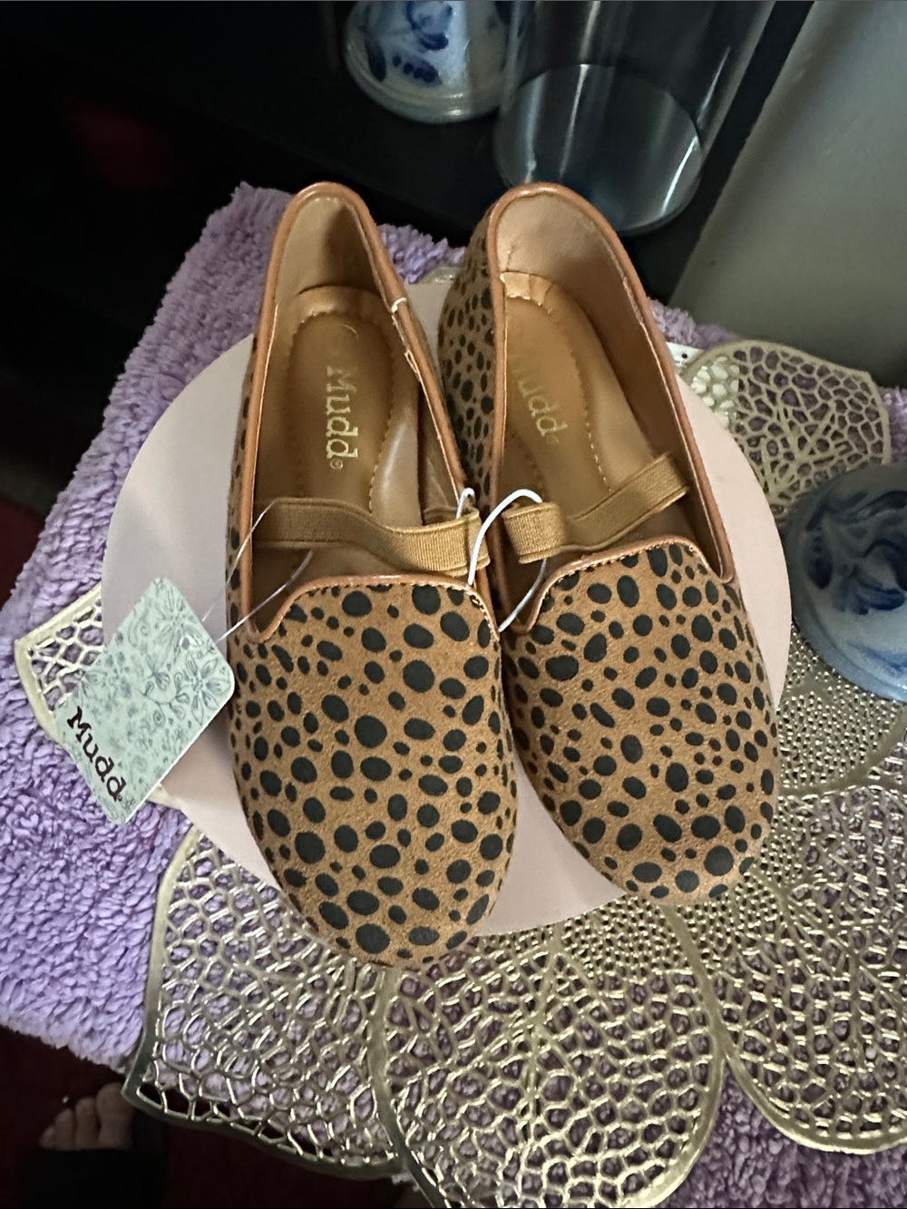 Mudd Leopard Print Slip-On Flats in Tan and Black